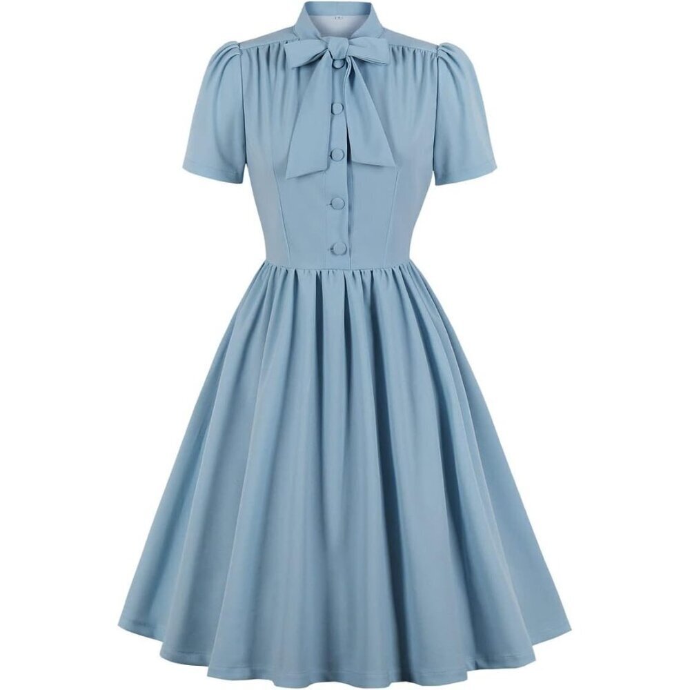 Vintage 1940s Bow Tie Neck Dress Women Short Sleeve A-Line Retro Casual